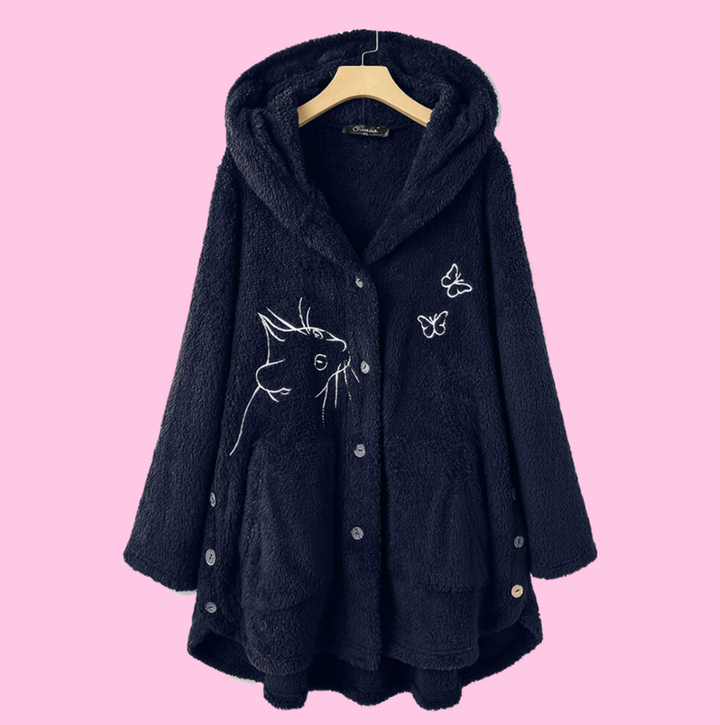 4 Different Colors Cozy Embroidered Cat Warm Teddy Coat With Pockets