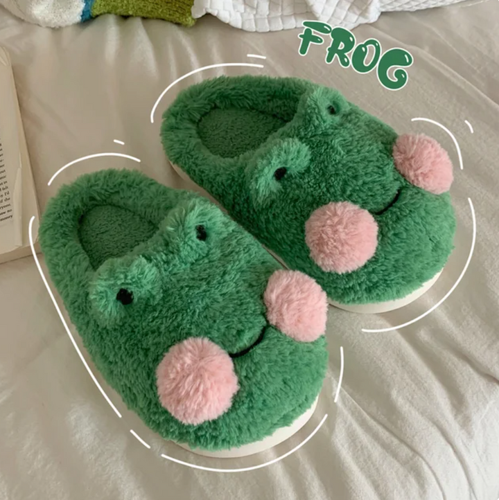 Fuzzy Froggy Slippers - Kawaii Frog Winter Warm Slippers