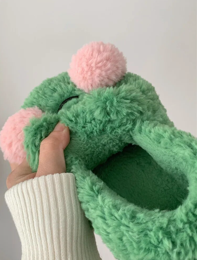 Fuzzy Froggy Slippers - Kawaii Frog Winter Warm Slippers