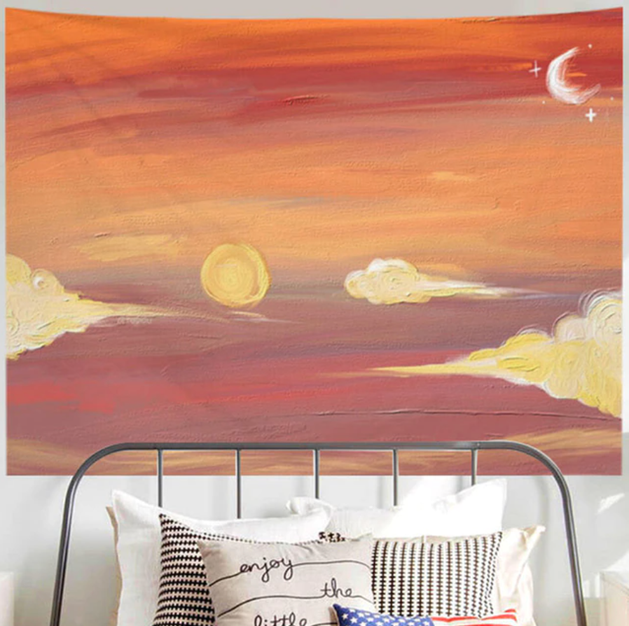 Orange Sky Sun and Half Moon Tapestry