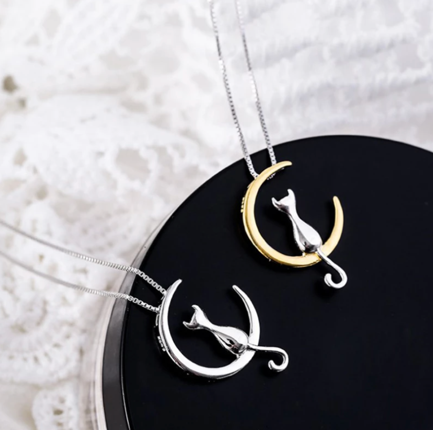 Sterling Silver Cat On The Moon Necklace