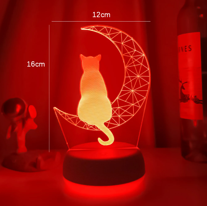 Half Moon Kitty Cat 3D Night Light Multi Color Changing Illusion Lamp