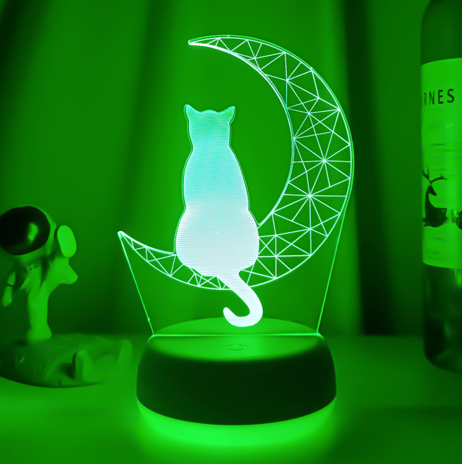 Half Moon Kitty Cat 3D Night Light Multi Color Changing Illusion Lamp